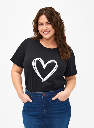 Zizzi FLASH - T-shirt met motief, Black Silver Heart, Model image number 0