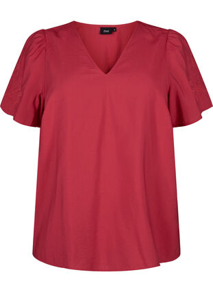 Zizzi Viscose blouse met korte mouwen en borduursel, Tango Red, Packshot image number 0