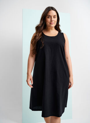 Zizzi Mouwloze katoenen jurk met a-lijn, Black, Image image number 1