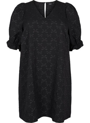 Zizzi Korte jacquard jurk met strikjes, Black W. Bow, Packshot image number 0