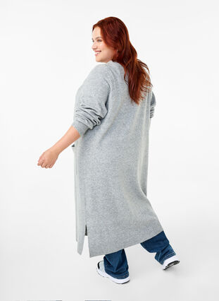 Zizzi Lang gebreid vest met zakken, Light Grey Melange, Model image number 1