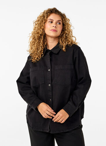 Zizzi Denim shirt met knopen en borstzakken, Black, Model image number 0