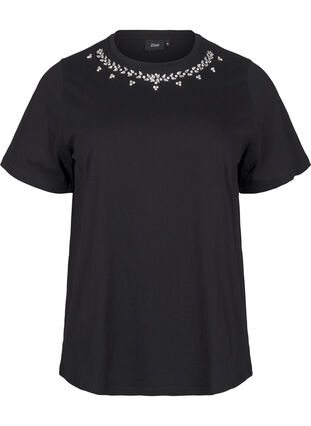 Zizzi T-shirt met ronde hals en strass-steentjes, Black, Packshot image number 0