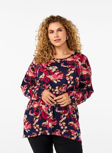 Zizzi Gebloemde blouse met lange mouwen, Ev. Blue Rose Fl.AOP, Model image number 0