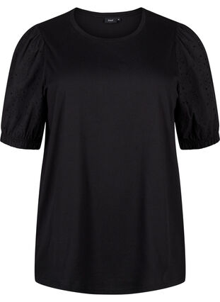 Zizzi Biologisch katoenen blouse met broderie anglaise mouwen, Black, Packshot image number 0