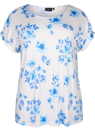 Zizzi Viscose blouse met korte mouwen en bloemen, White Blue AOP, Packshot image number 0