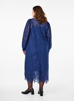 Zizzi Jurk van kant met lange mouwen en hoge hals, Estate Blue, Model image number 1