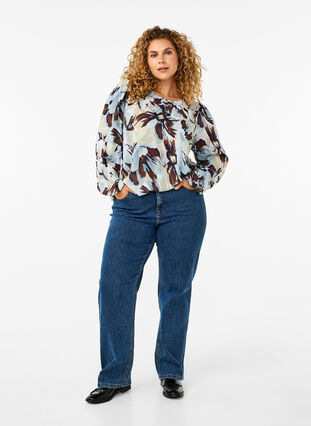 Zizzi Blouse met lange mouwen, print en knoop, Grey Flower AOP, Model image number 2