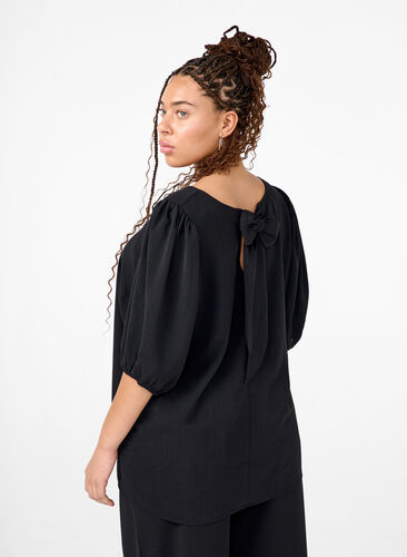 Zizzi Blouse met korte mouwen en een strik op de rug, Black, Model image number 1