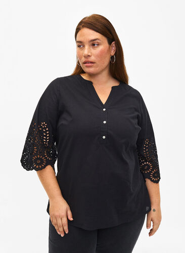 Zizzi Shirt blouse met broderie anglaise en 3/4-mouwen, Black, Model image number 0