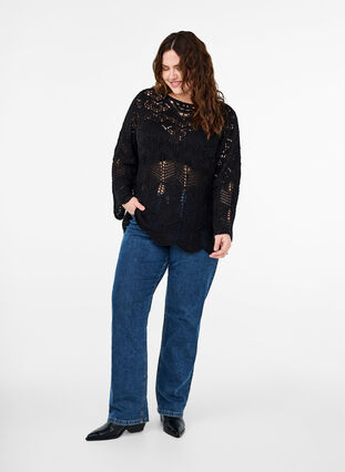 Zizzi Gebreide blouse met kantpatroon, Black, Model image number 2