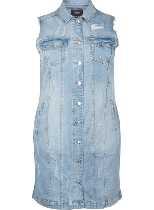 Zizzi Mouwloze denim jurk met ruwe randdetails, Light Blue Denim, Packshot image number 0