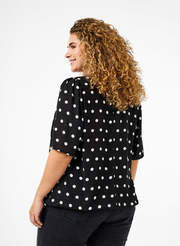 Zizzi Gestippelde blouse met korte mouwen, Black W. White Dot, Model image number 1