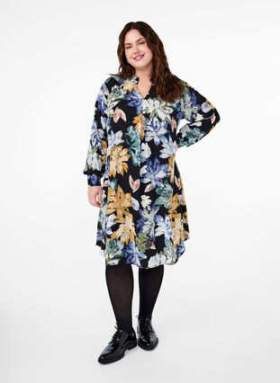 Zizzi Jurk met lange mouwen en bloemenprint, Yellow Flower AOP, Model image number 2