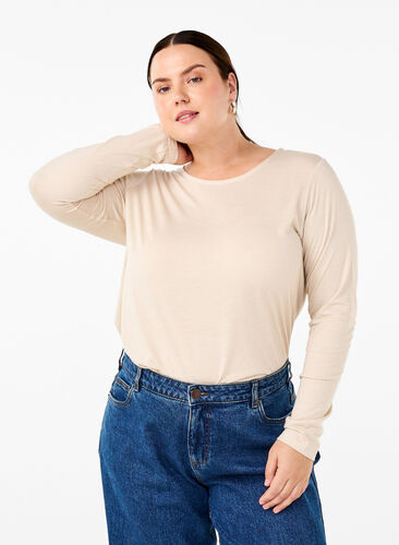 Zizzi T-shirt met lange mouwen en ronde hals, Oatmeal Mel., Model image number 0