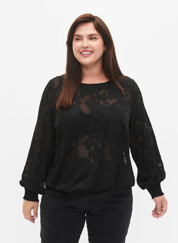 Zizzi Jacquard blouse met smokwerk, Black, Model image number 0