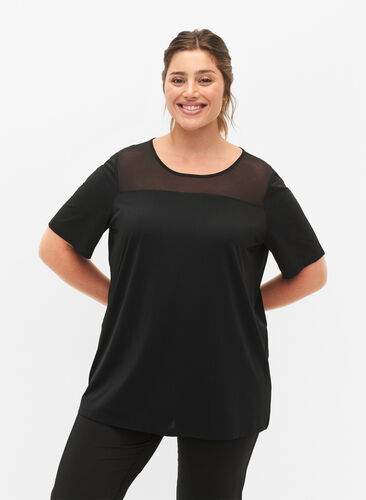 Zizzi Sportshirt met mesh en korte mouw, Black, Model image number 0