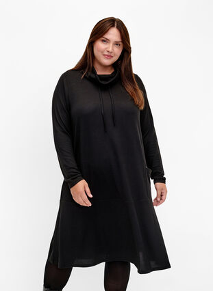 Zizzi Jersey-jurk met hoge hals en zakken, Black, Model image number 0