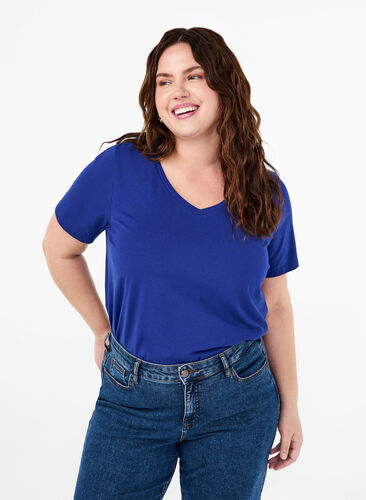 Zizzi Effen basic T-shirt van katoen, Sodalite Blue, Model image number 0