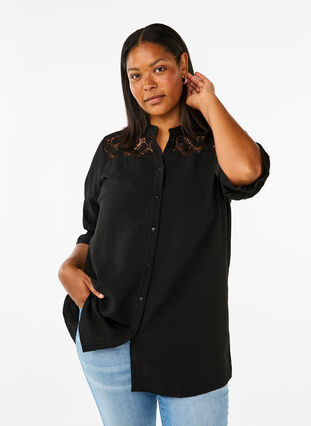 Zizzi Lang viscose shirt met kanten detail, Black, Model image number 0