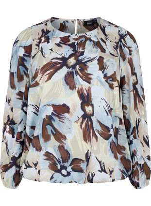 Zizzi Blouse met lange mouwen, print en knoop, Grey Flower AOP, Packshot image number 0