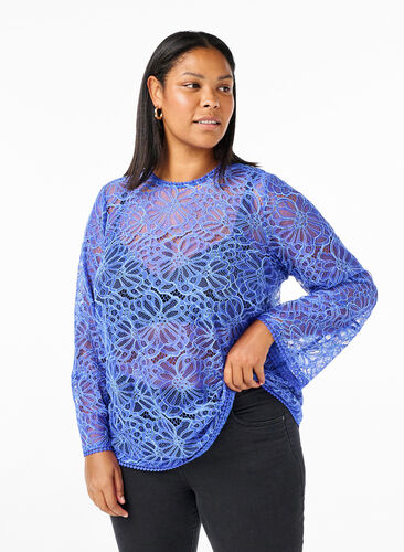 Zizzi Kanten blouse met ronde hals en lange mouwen, Dazzling Blue, Model image number 0