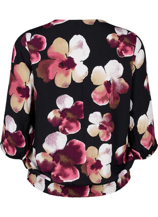 Zizzi Viscose blouse met print en smok, Black Pink FlowerAOP, Packshot image number 1