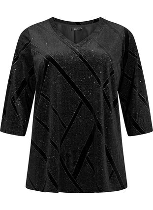 Zizzi Velours blouse met glitter en 3/4 mouwen, Black, Packshot image number 0