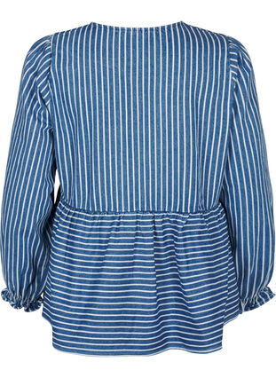 Zizzi Gestreepte denim blouse met strik aan de voorkant, Blue Denim Stripe, Packshot image number 1
