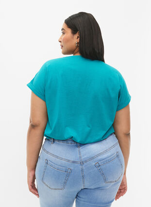 Zizzi T-shirt met korte mouwen van katoenmix, Teal Blue, Model image number 1