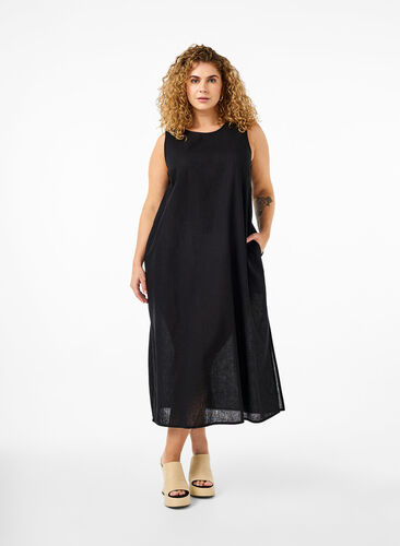 Zizzi Mouwloze jurk van katoenmix met linnen, Black, Model image number 0