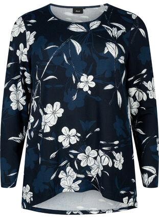 Zizzi Gebloemde blouse met lange mouwen, Navy B. Flower AOP, Packshot image number 0