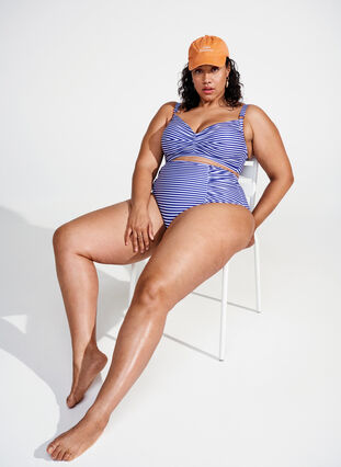 Zizzi Gestreept bikinibroekje met hoge taille, Blue Striped, Image image number 0