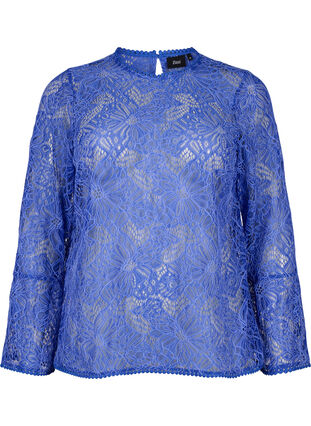 Zizzi Kanten blouse met ronde hals en lange mouwen, Dazzling Blue, Packshot image number 0