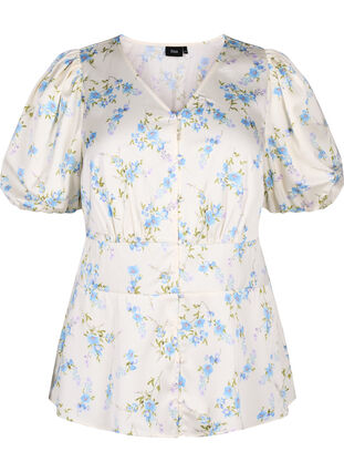 Zizzi Gebloemde satijnen blouse met pofmouwen, Off White Blue Fl., Packshot image number 0