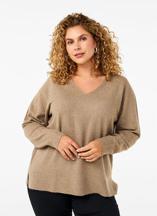 Zizzi Gebreide blouse met V-hals, Desert Taupe Melange, Model image number 0