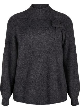 Zizzi Gebreide blouse met strikdetail, Dark Grey White Mel., Packshot image number 0