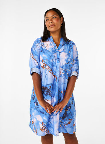 Zizzi Overhemdjurk van viscose met marmerprint, Palace Blue AOP, Model image number 0