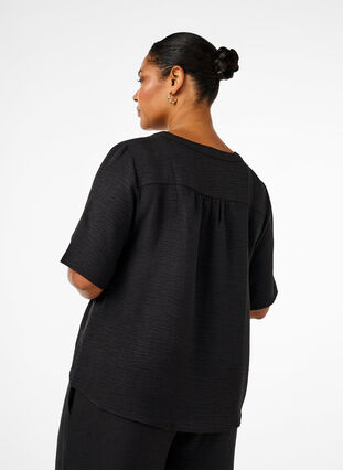 Zizzi Overhemd blouse met V-hals en korte mouwen, Black, Model image number 1