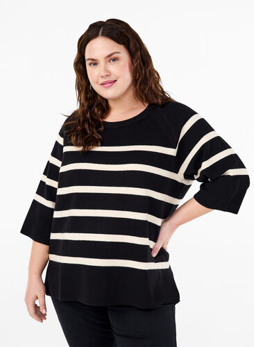 Zizzi Gebreide blouse met 3/4 mouwen en strepen, Black Birch Stripes, Model image number 0