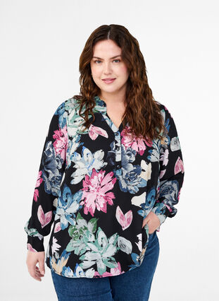 Zizzi Blouse met lange mouwen en bloemenprint, Rose Flower AOP, Model image number 0