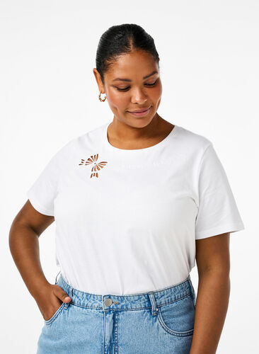 Zizzi T-shirt van biologisch katoen met strikdetail, Bright White, Model image number 0