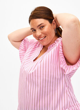 Zizzi Gestreepte blouse met peplum en ruches, Pink Red Stripe, Image image number 0