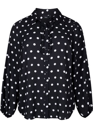 Zizzi Gestippeld shirt met ruches, Black W. White Dot, Packshot image number 0