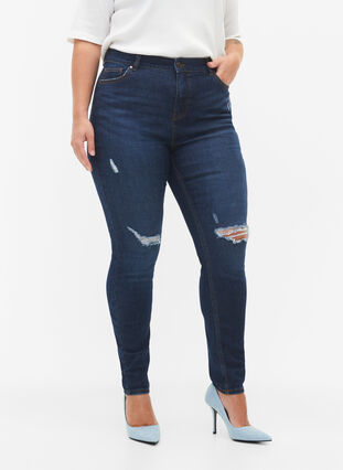 Zizzi Super slanke destroyed Amy jeans met hoge taille, Dark blue, Model image number 2