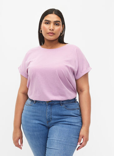 Zizzi T-shirt met korte mouwen van katoenmix, Lavender Mist, Model image number 0