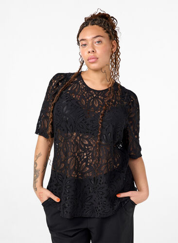 Zizzi Kanten blouse met korte mouwen, Black, Model image number 0