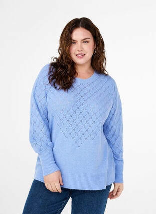 Zizzi Gebreide blouse met kantpatroon, Cornflower Blue Mel., Model image number 0