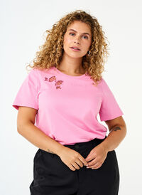 T-shirt van biologisch katoen met strikdetail, Rosebloom, Model