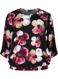 Viscose blouse met print en smok, Black Pink FlowerAOP